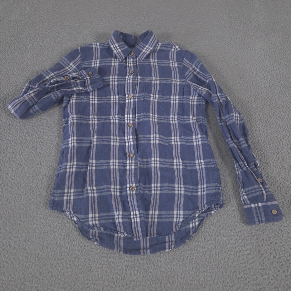 Faherty Top Womens XS Blue Plaid Button Down 100% Linen Long Sleeve Casual Shirt